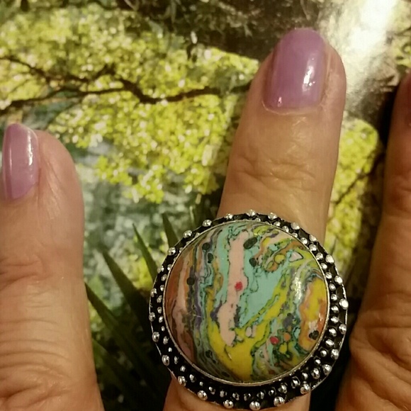 Mosaic jasper 925 sterling silver ring - 7 1/4 - Picture 2 of 4